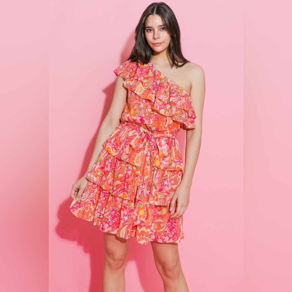 Flying Tomato Sunflower Fields One-Shoulder Ruffled Mini Dress | Size S